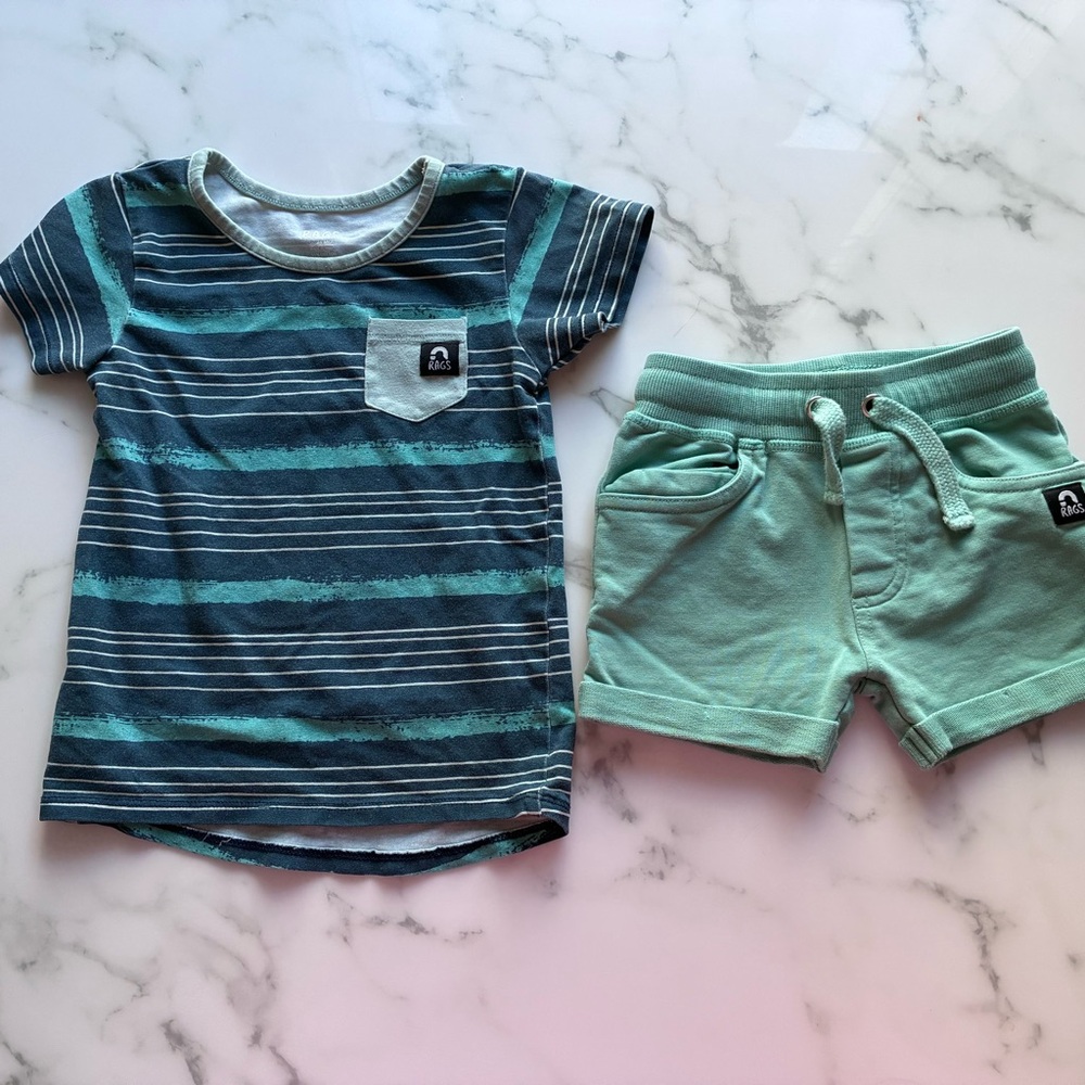 Rag to Raches Boys 18-24 months Set Striped T Shirt Shorts Blue‎ Teal Beach